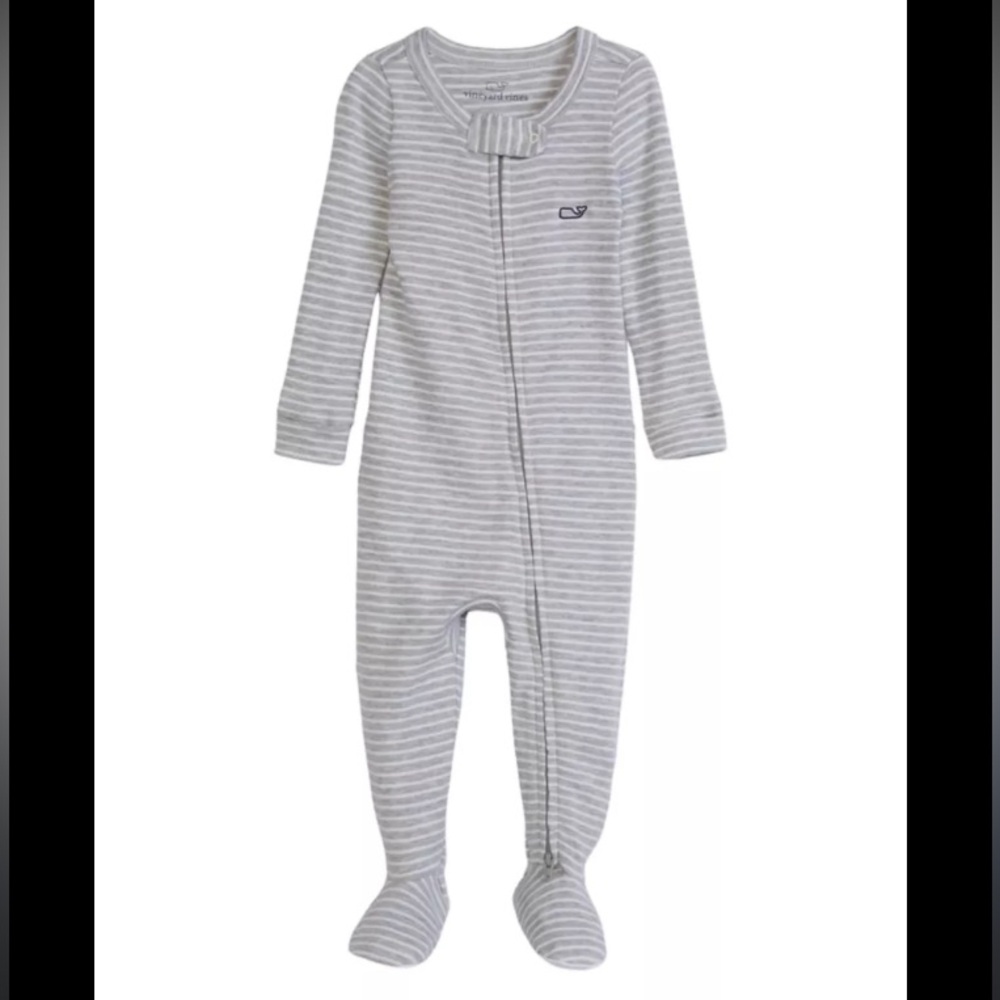 Kids-Baby Gray/White Stripe Whale Printed cotton Footie Onesie- (3-6) Months